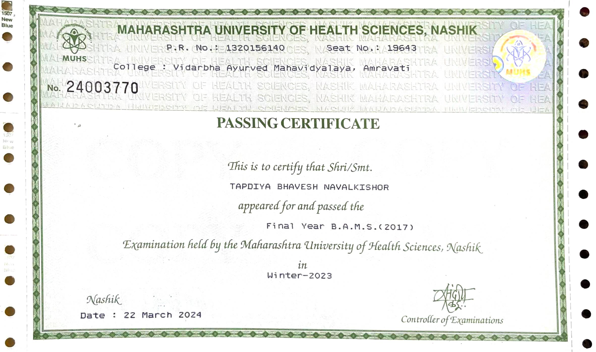 Ayurvedic doctor's certificate