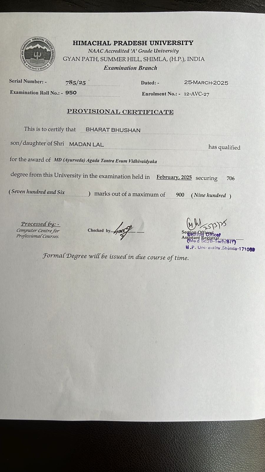 Ayurvedic doctor's certificate