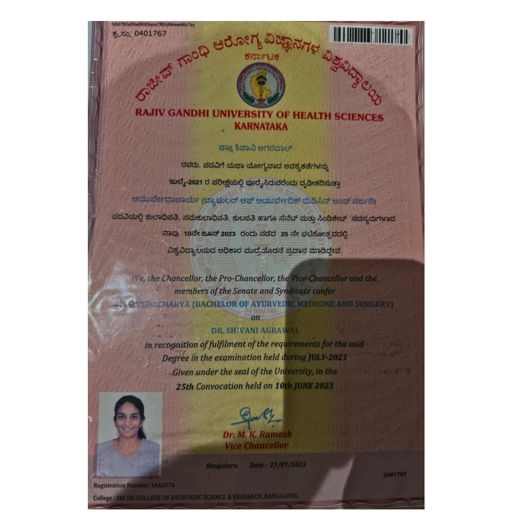 Ayurvedic doctor's certificate