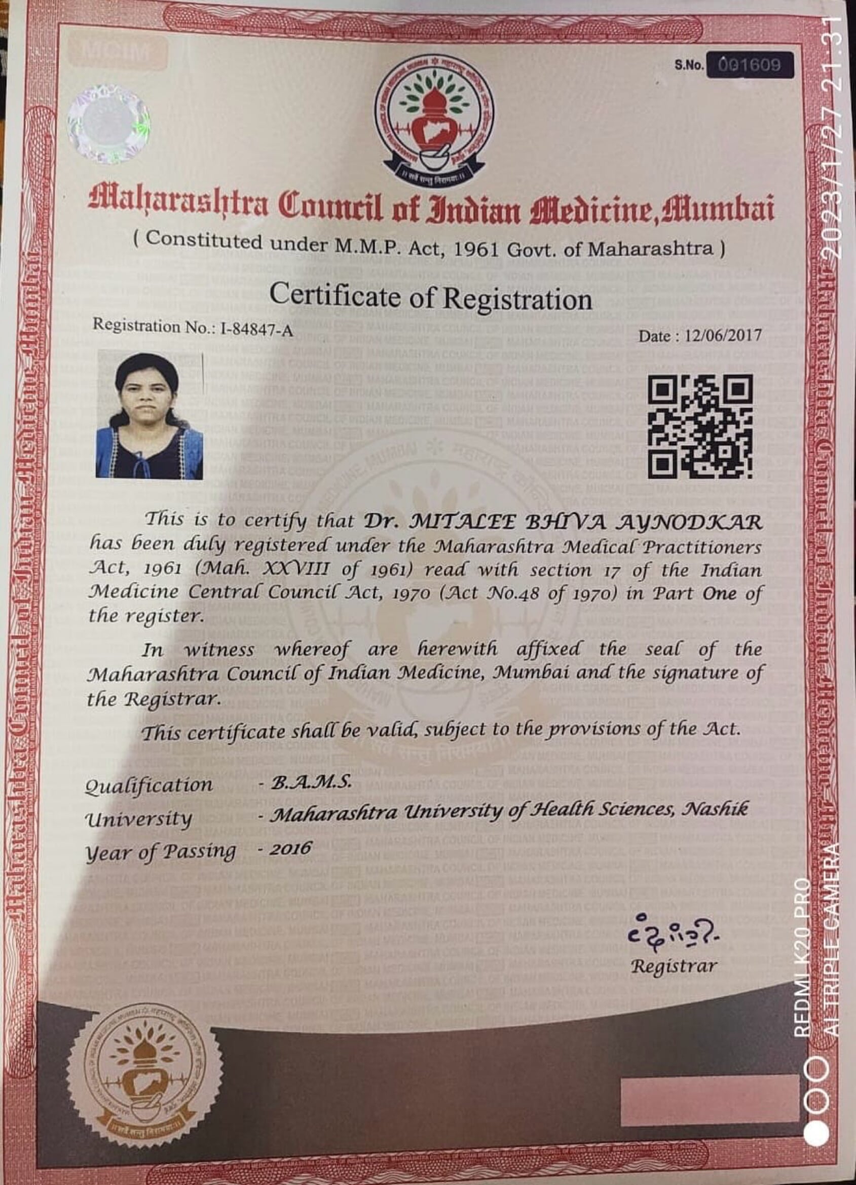 Ayurvedic doctor's certificate
