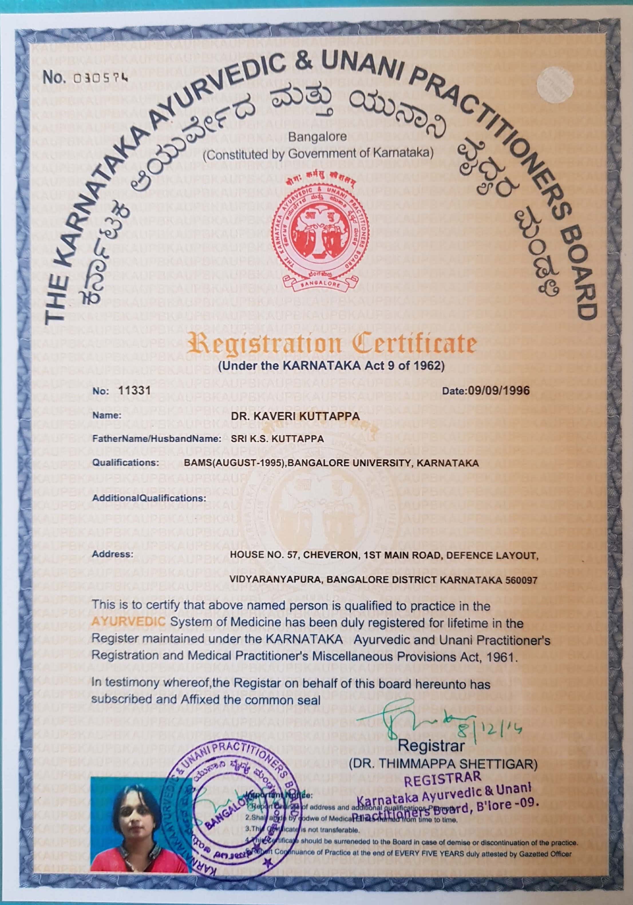 Ayurvedic doctor's certificate