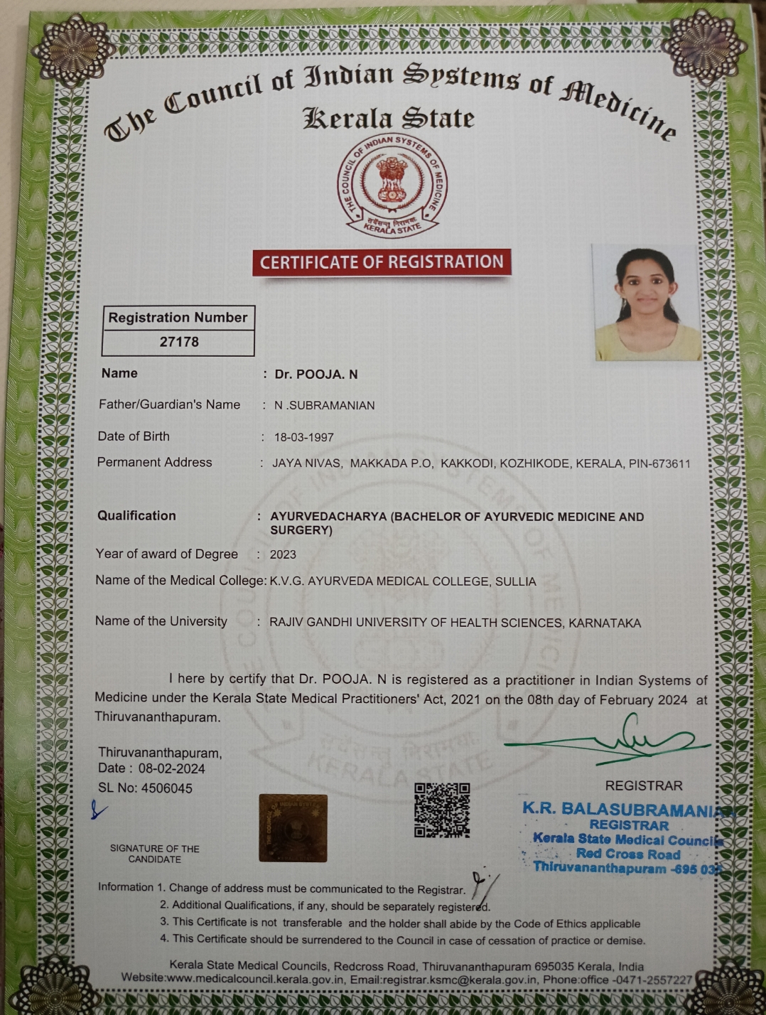 Ayurvedic doctor's certificate