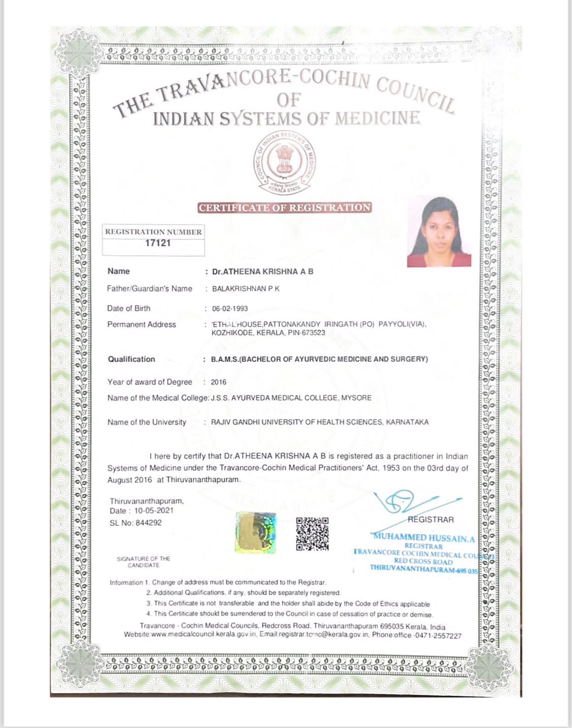 Ayurvedic doctor's certificate