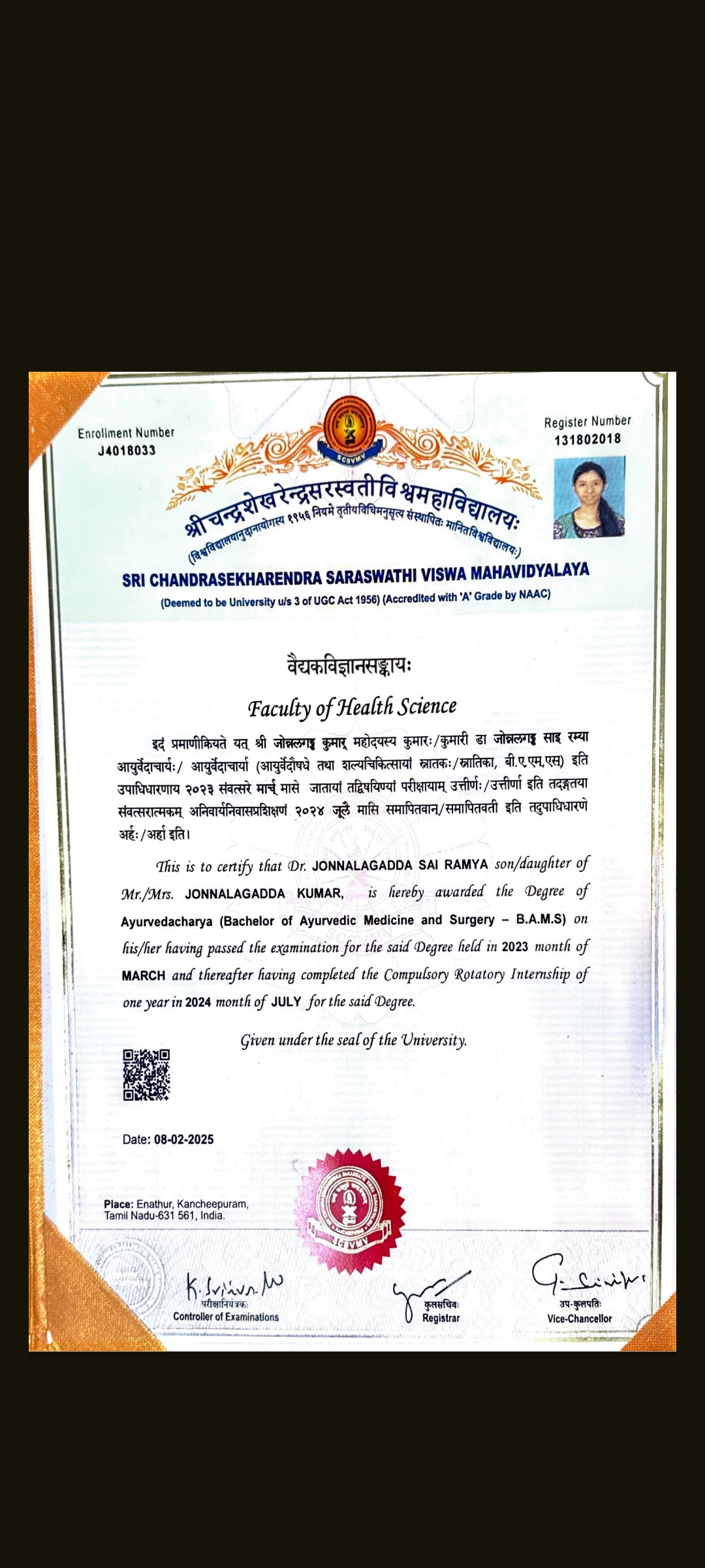 Ayurvedic doctor's certificate