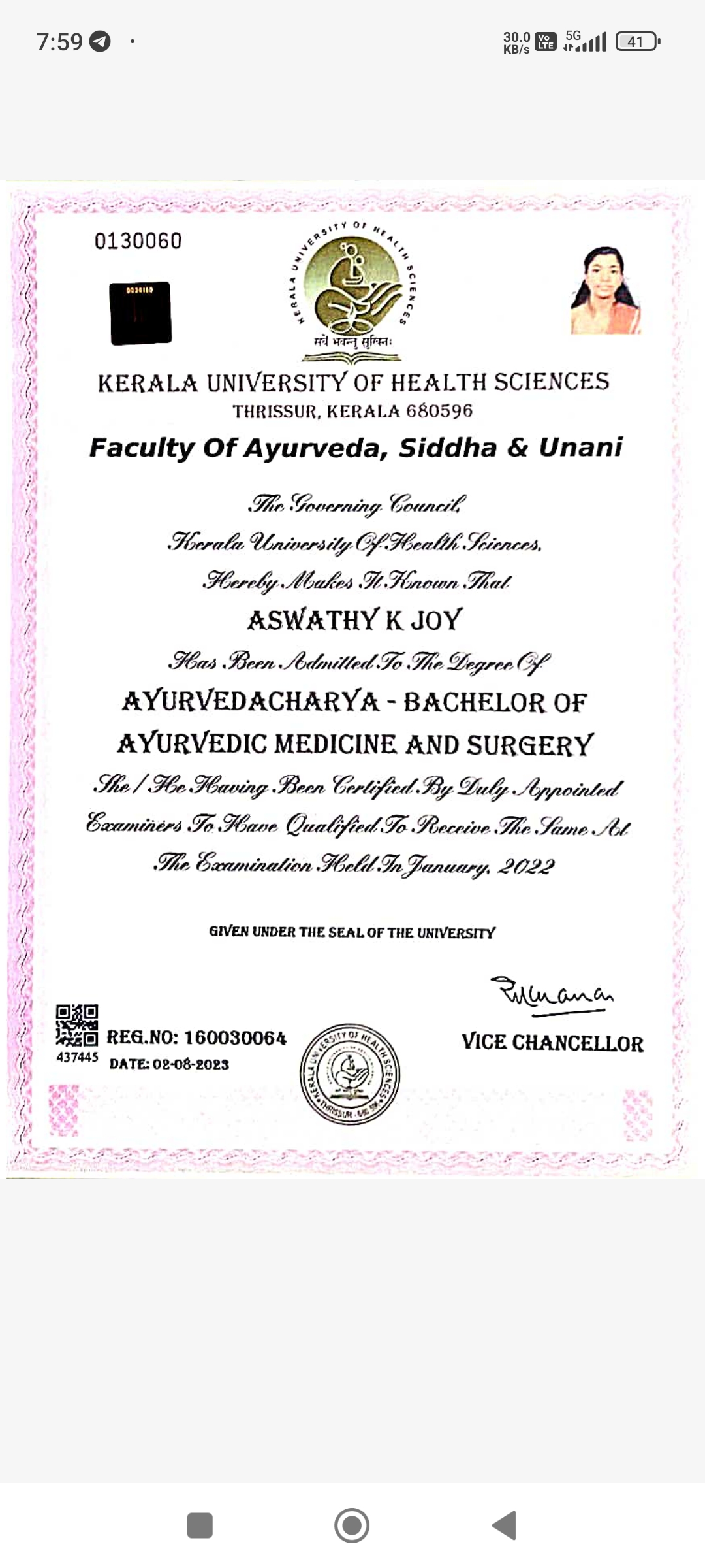 Ayurvedic doctor's certificate