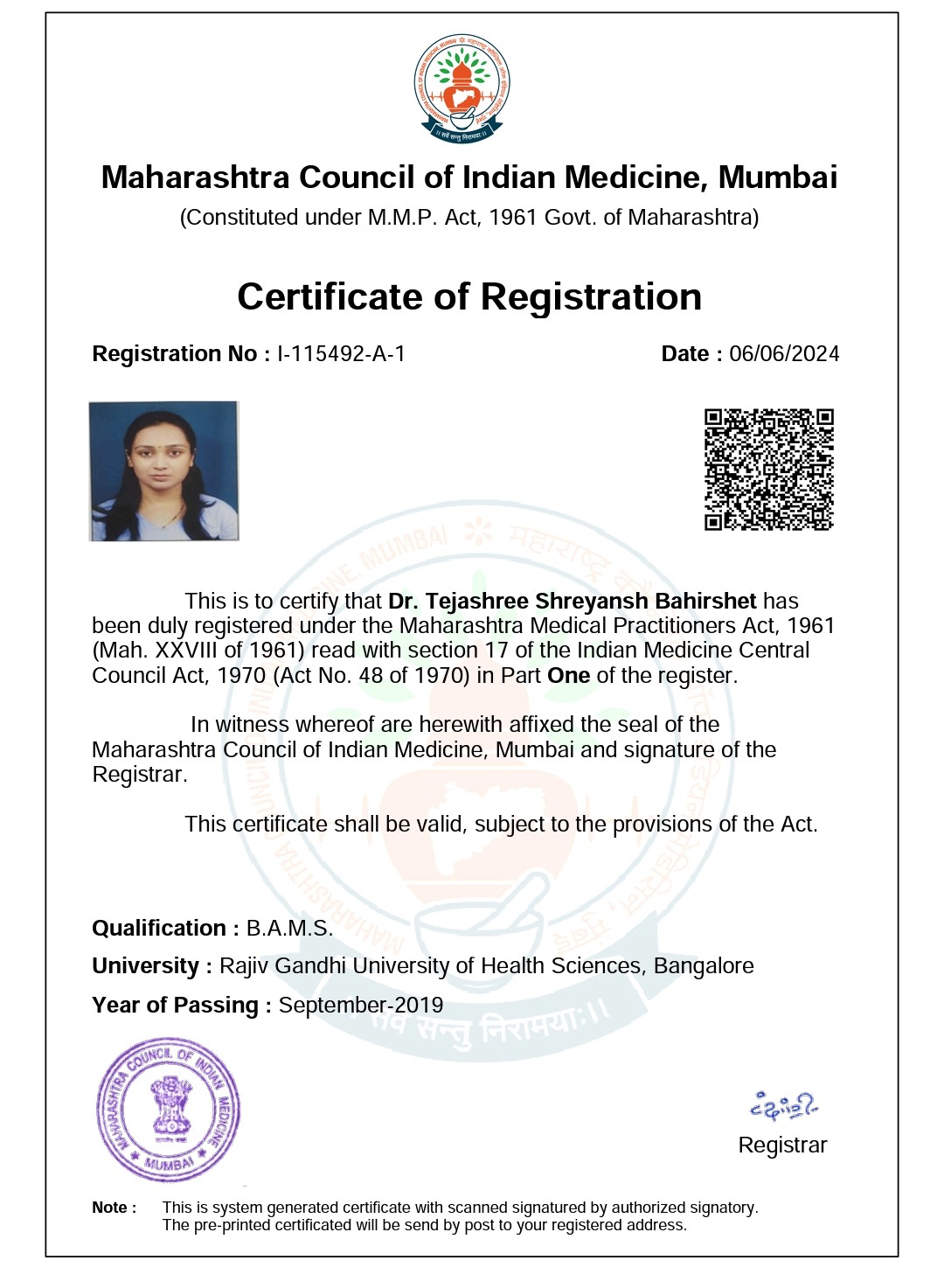 Ayurvedic doctor's certificate