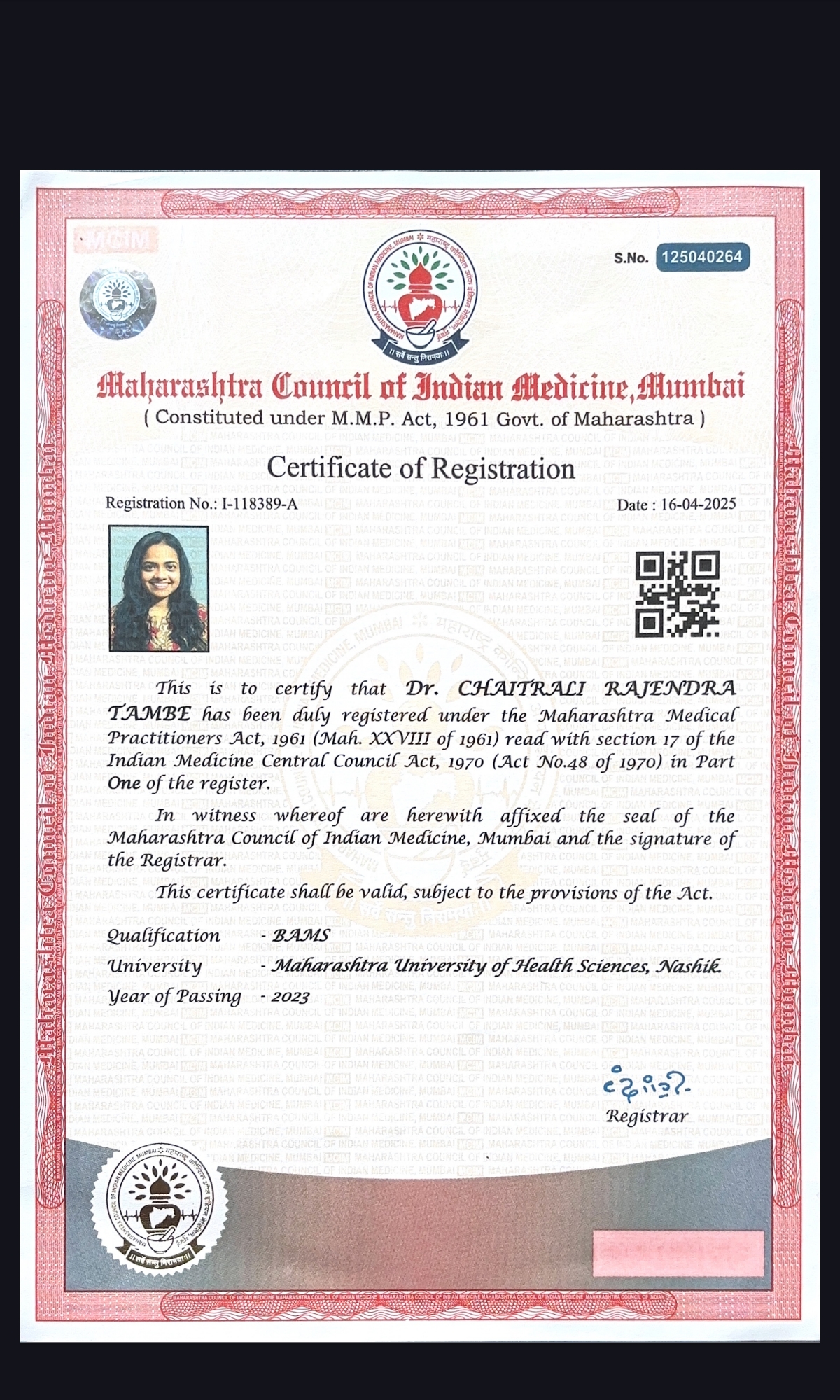 Ayurvedic doctor's certificate