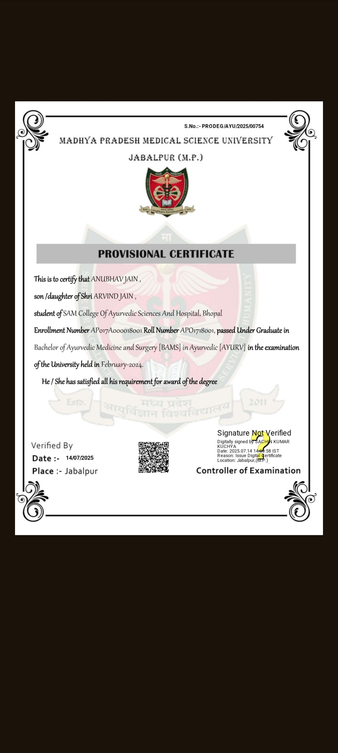 Ayurvedic doctor's certificate