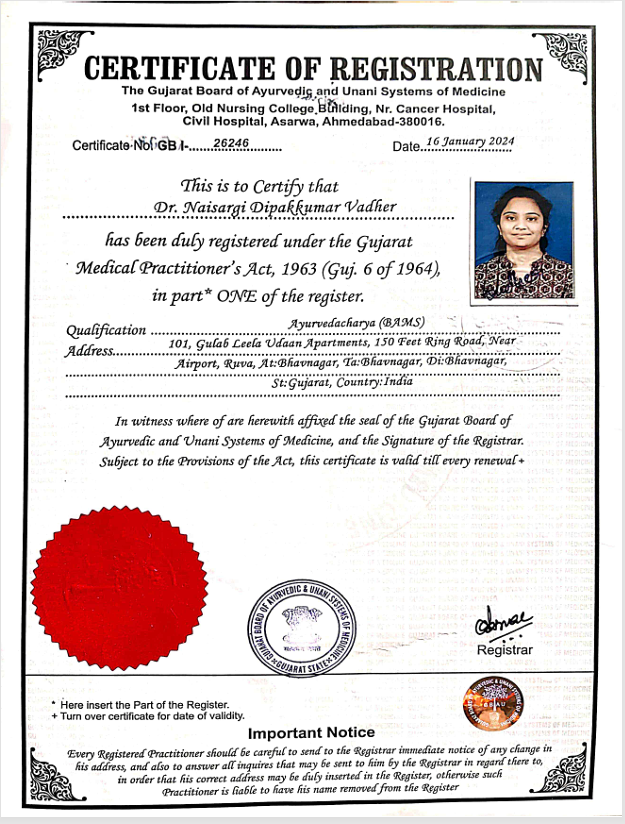 Ayurvedic doctor's certificate
