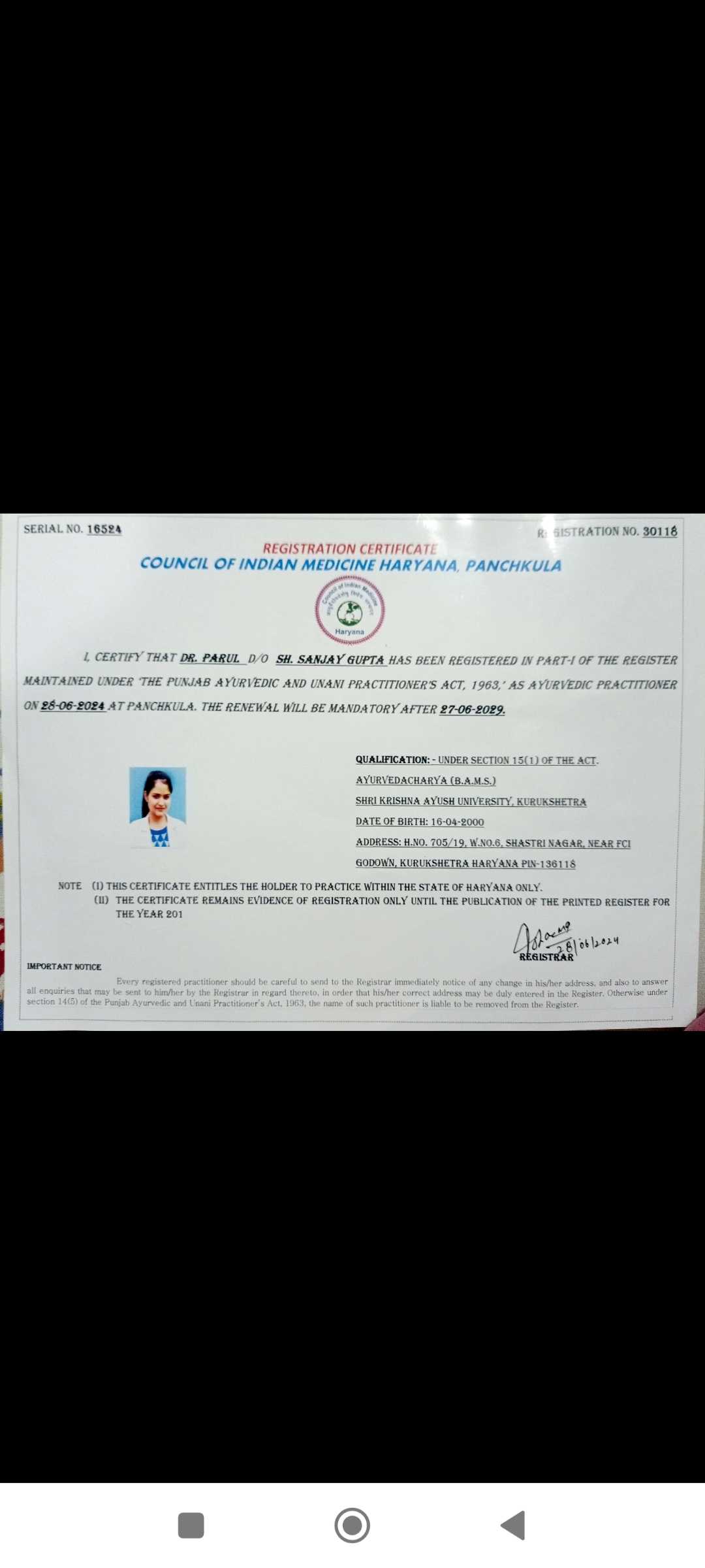 Ayurvedic doctor's certificate