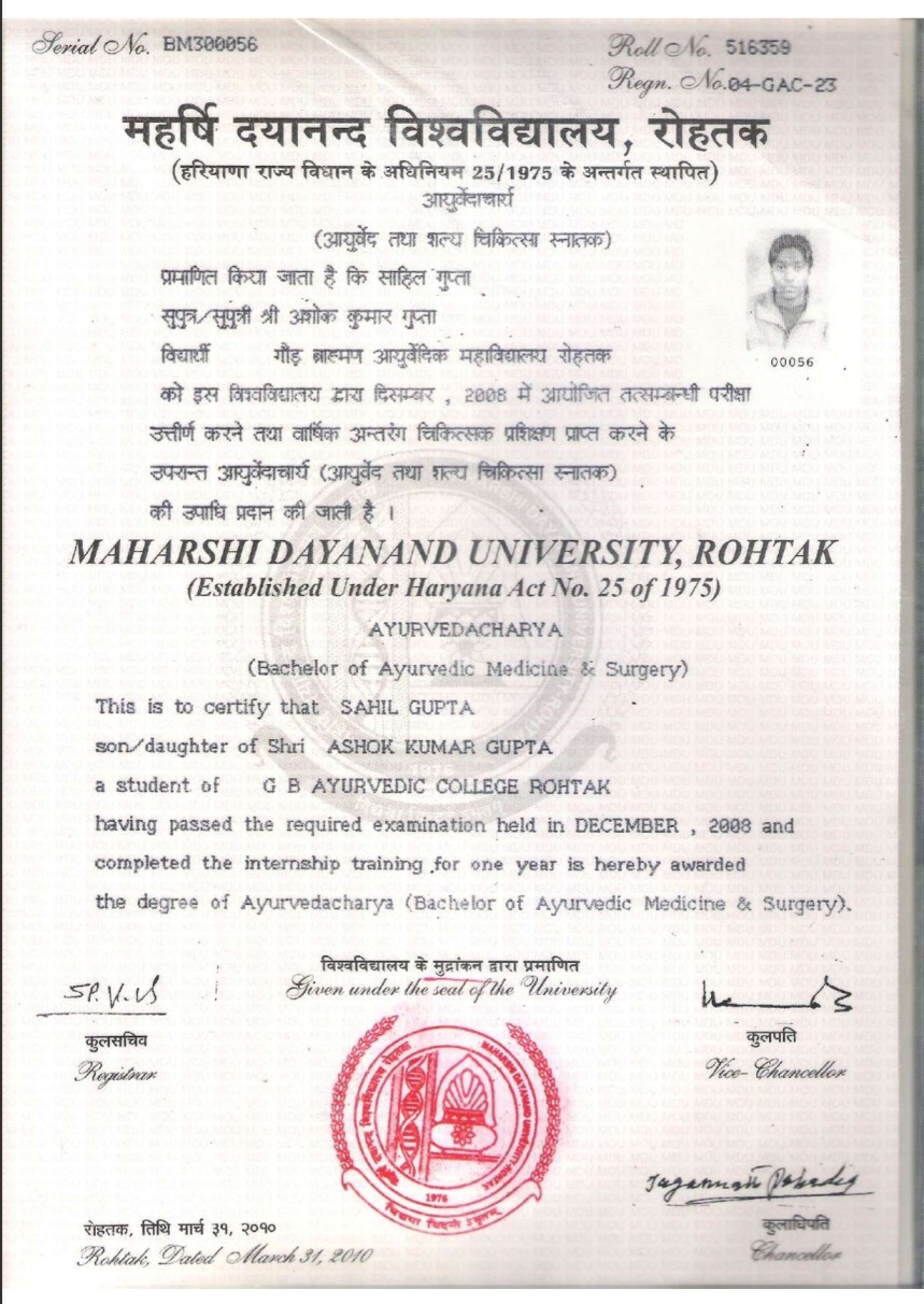 Ayurvedic doctor's certificate