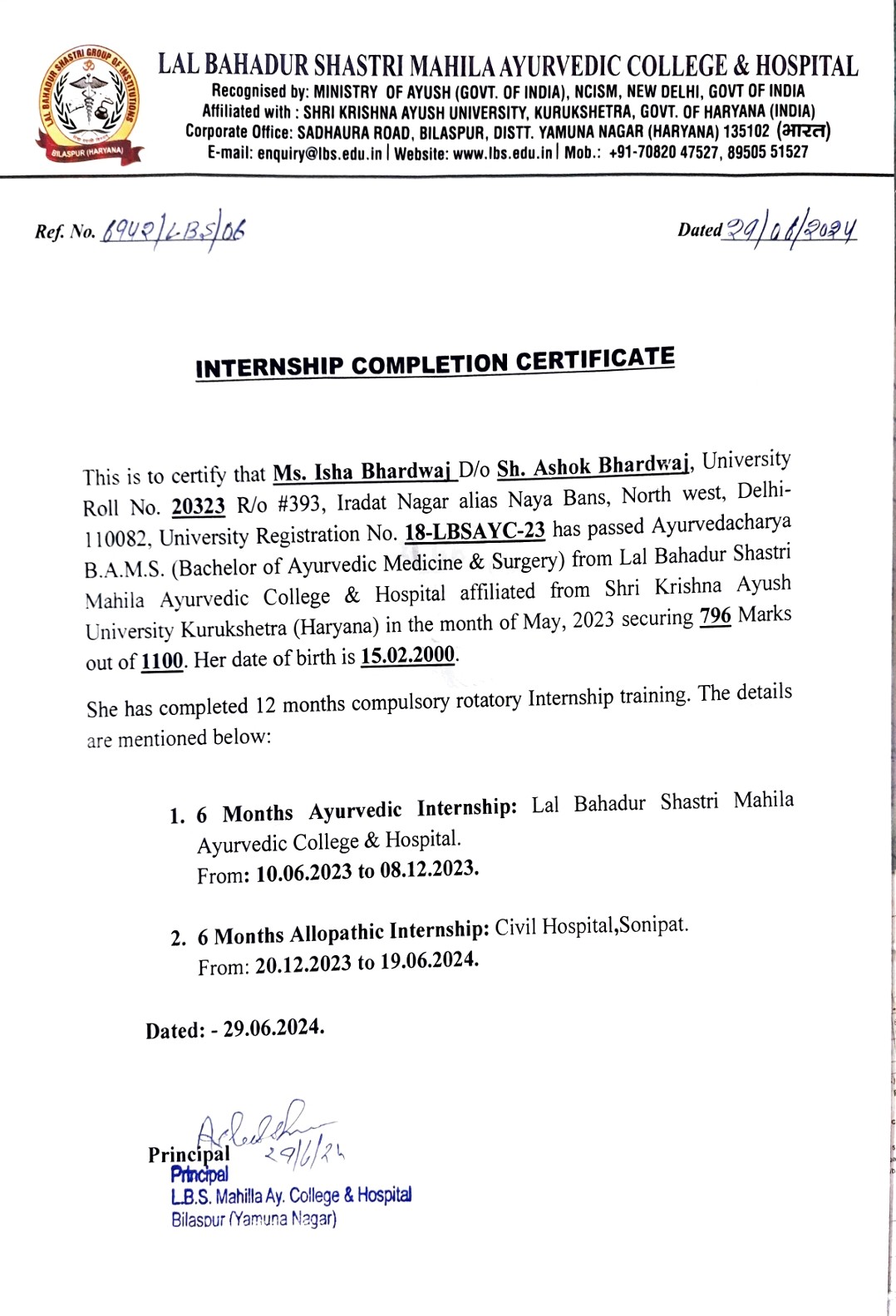Ayurvedic doctor's certificate