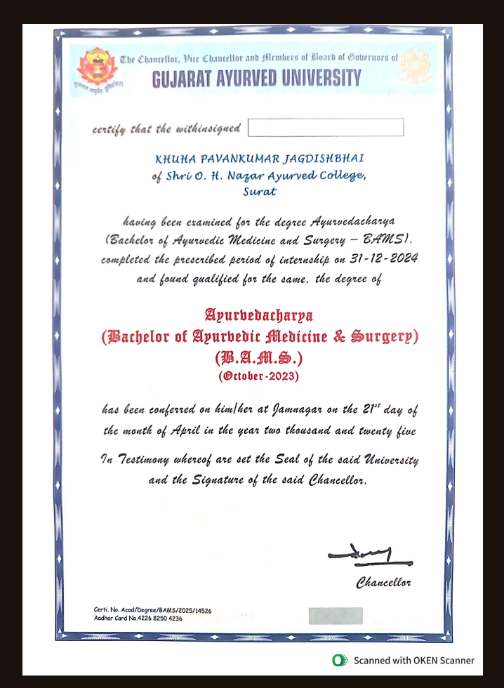 Ayurvedic doctor's certificate