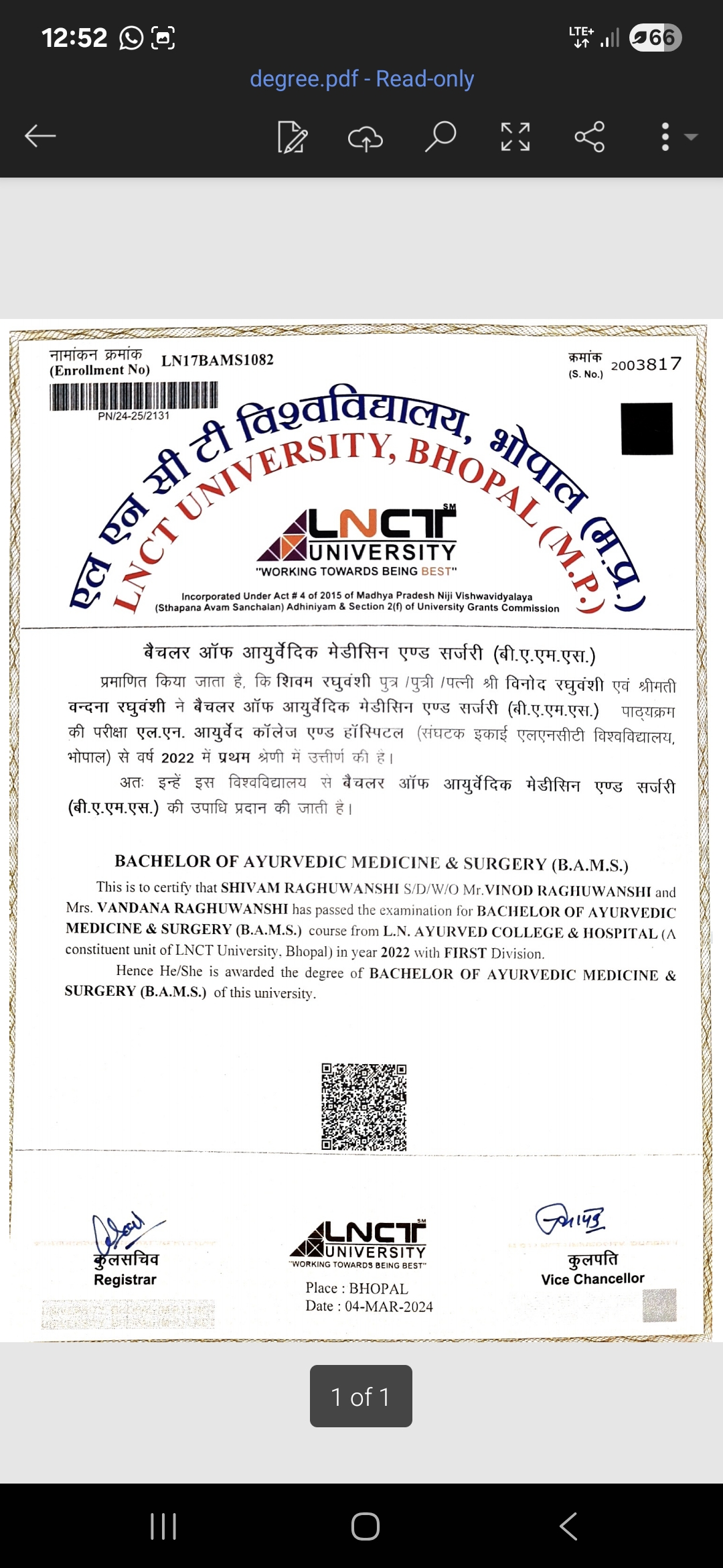 Ayurvedic doctor's certificate