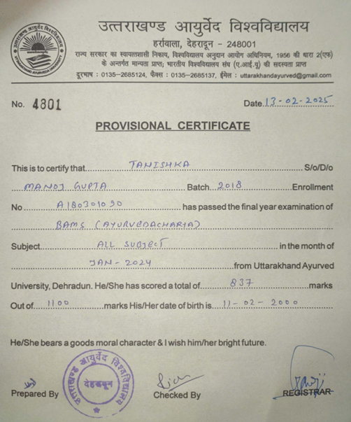 Ayurvedic doctor's certificate