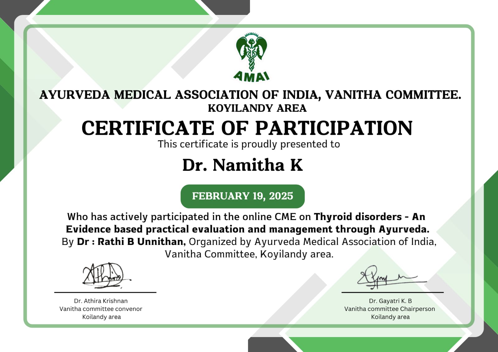 Ayurvedic doctor's certificate