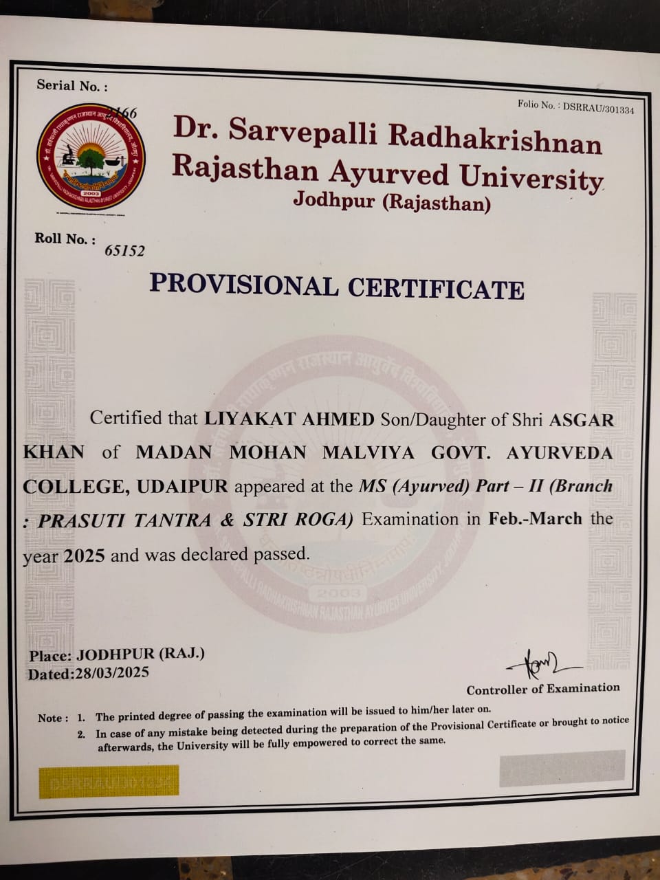 Ayurvedic doctor's certificate