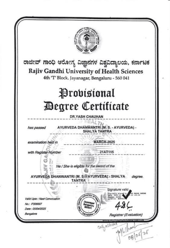 Ayurvedic doctor's certificate