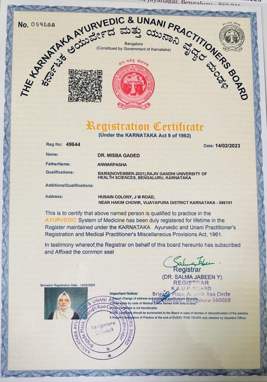 Ayurvedic doctor's certificate
