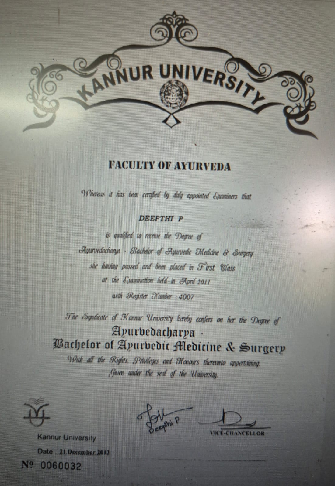 Ayurvedic doctor's certificate