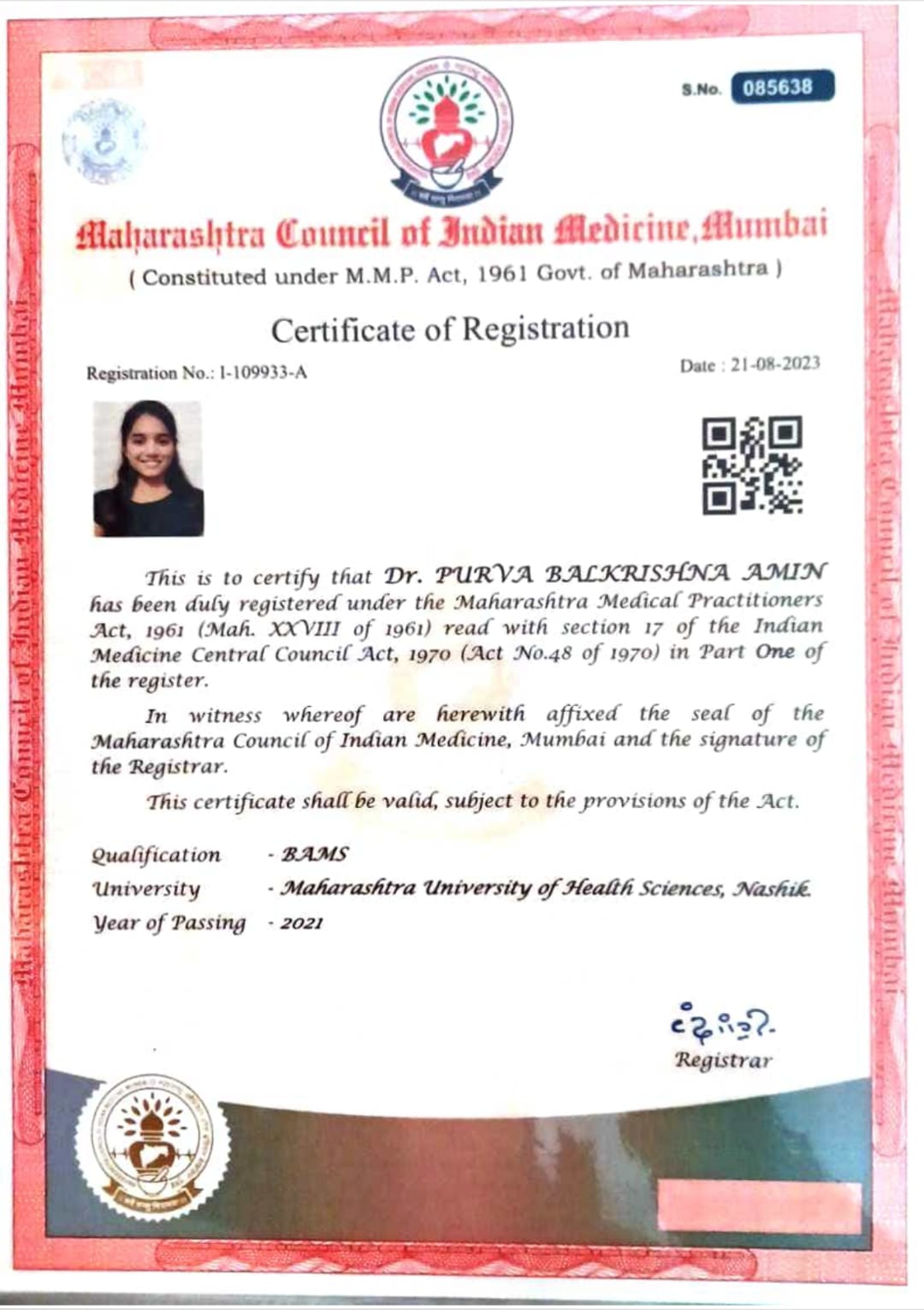 Ayurvedic doctor's certificate