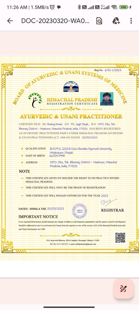 Ayurvedic doctor's certificate