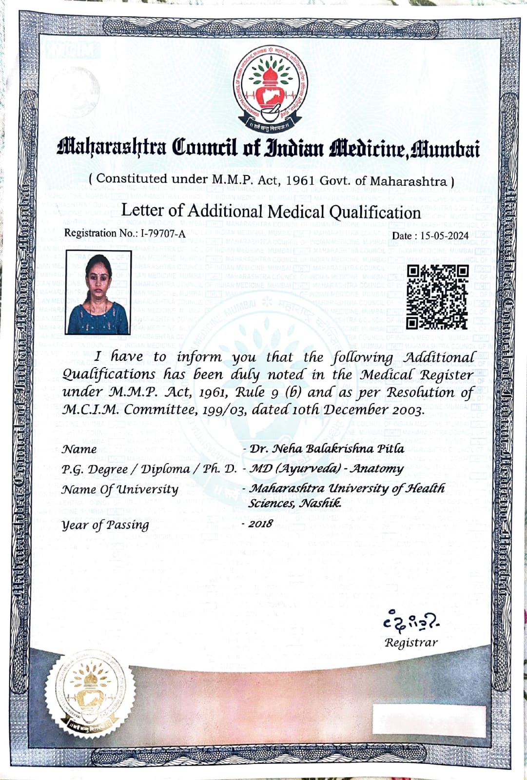 Ayurvedic doctor's certificate