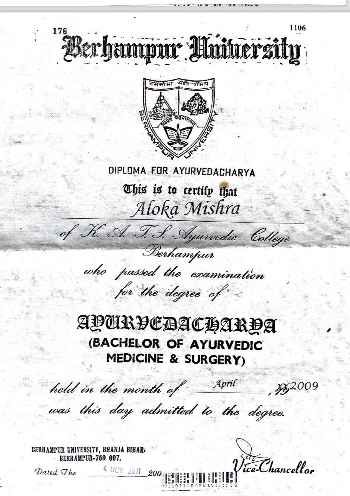 Ayurvedic doctor's certificate