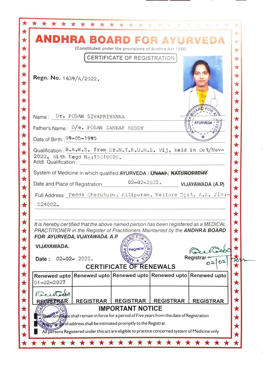 Ayurvedic doctor's certificate