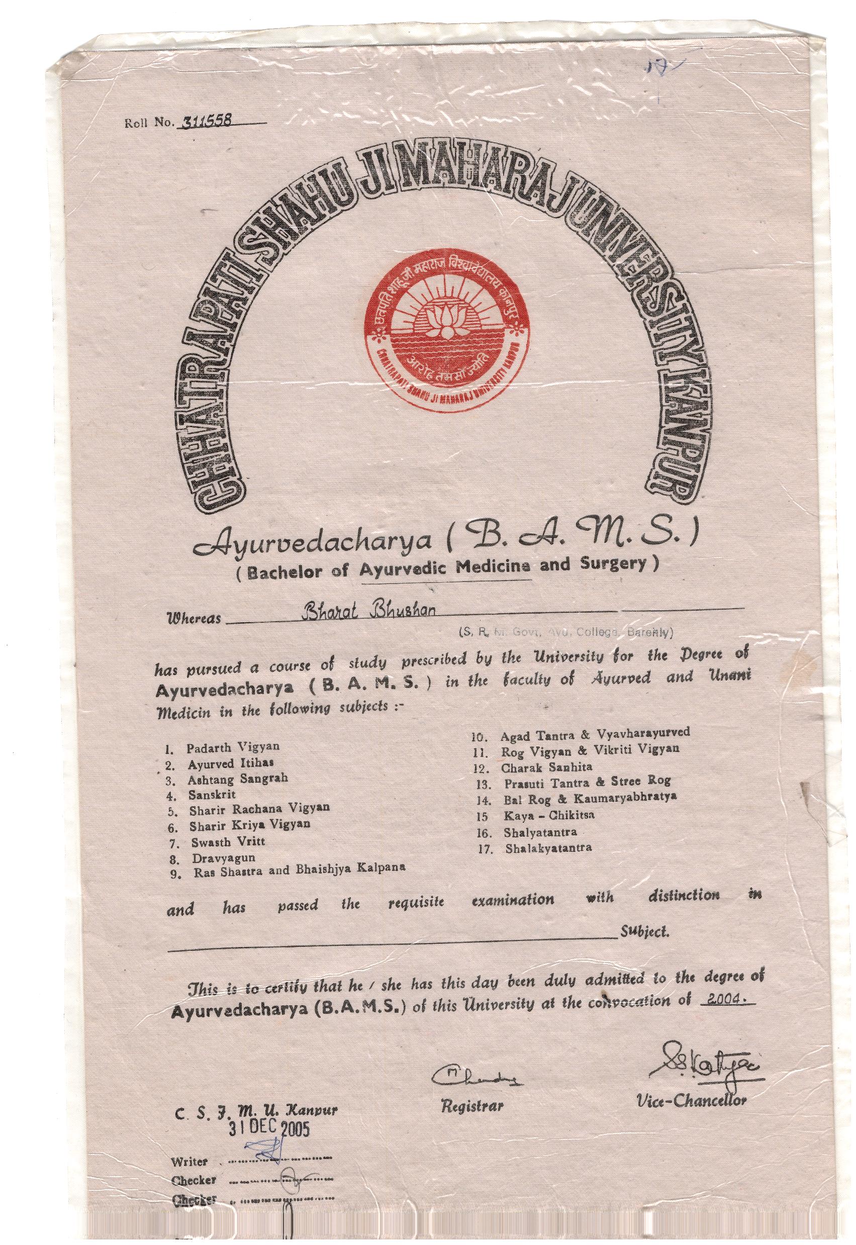 Ayurvedic doctor's certificate