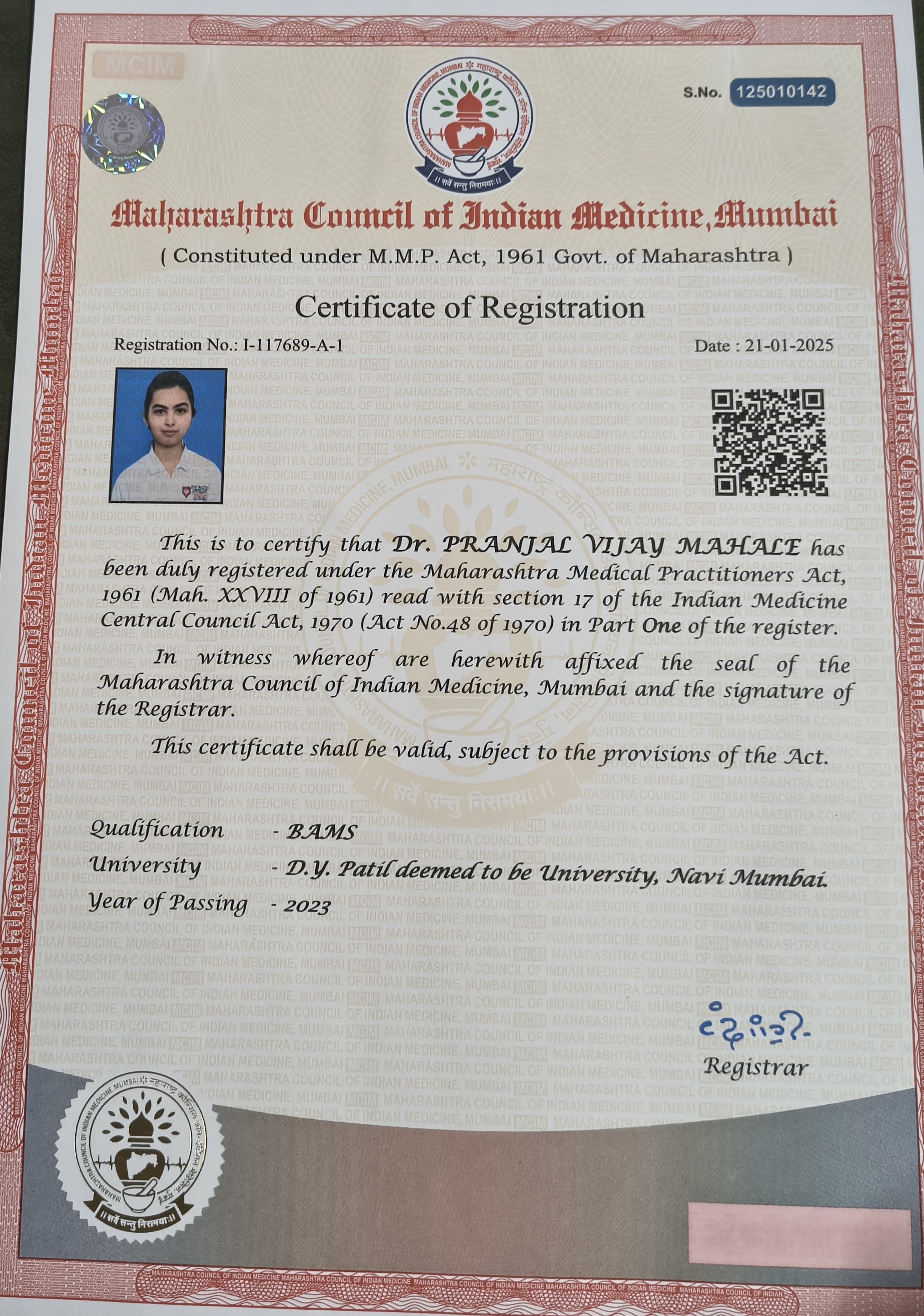 Ayurvedic doctor's certificate