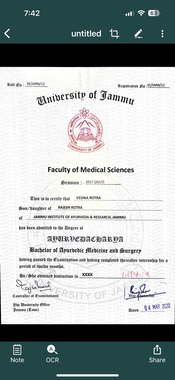 Ayurvedic doctor's certificate