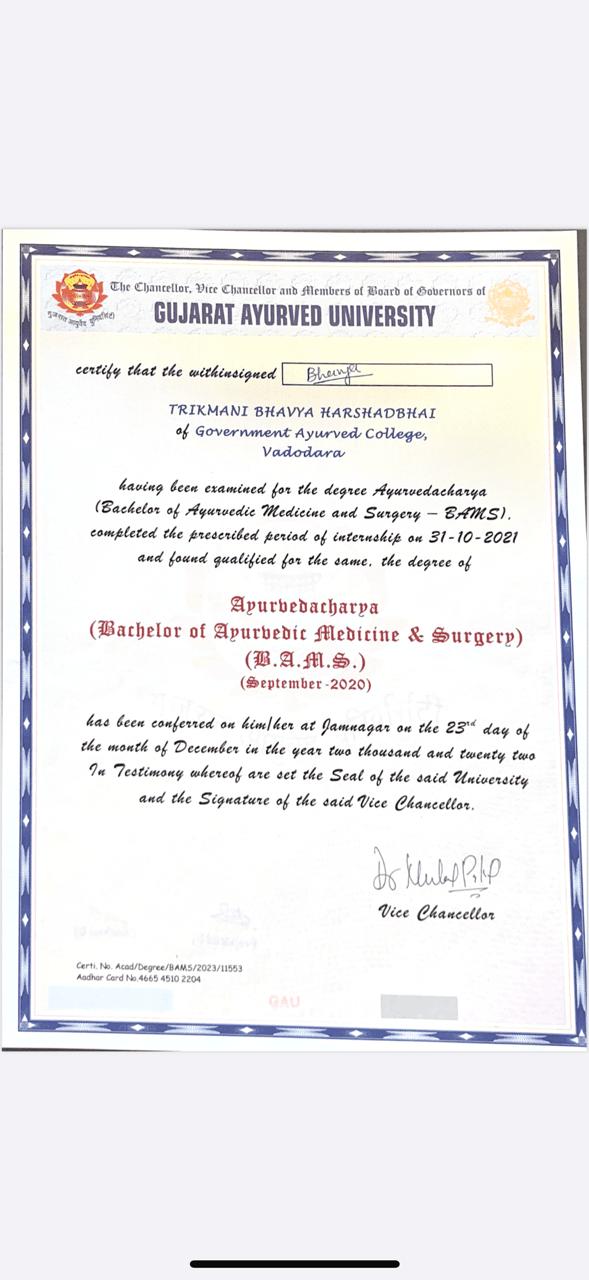 Ayurvedic doctor's certificate