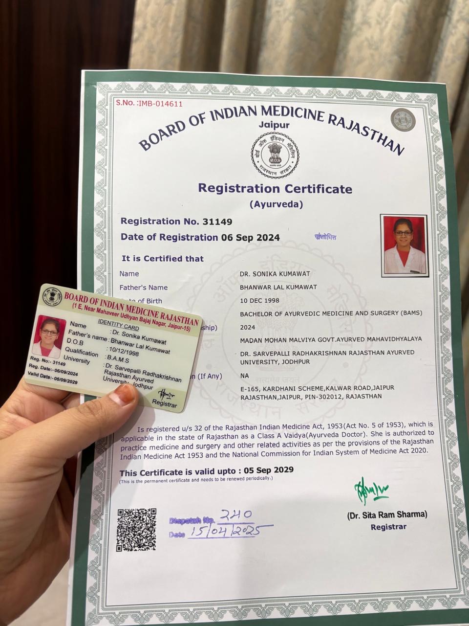 Ayurvedic doctor's certificate