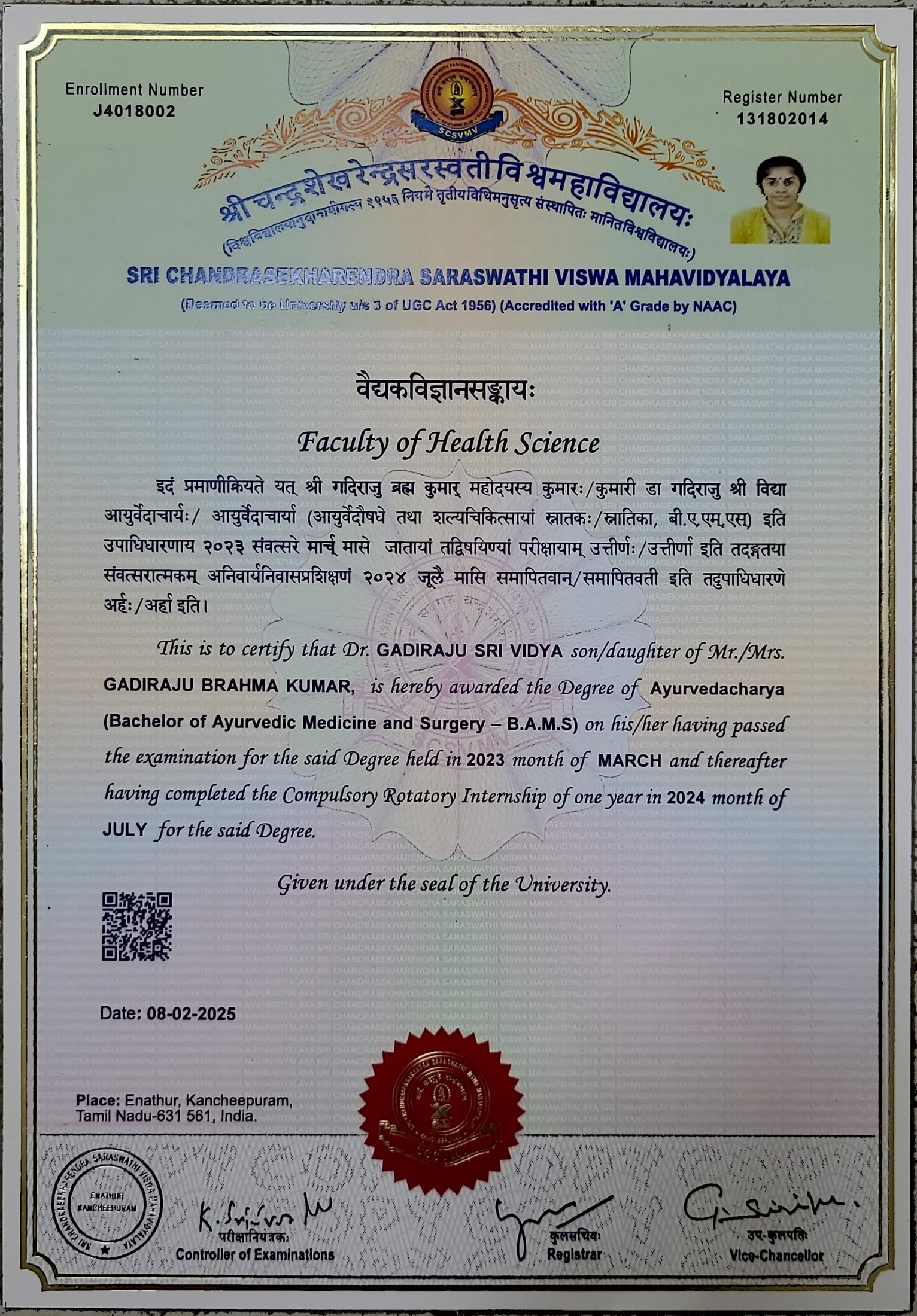 Ayurvedic doctor's certificate