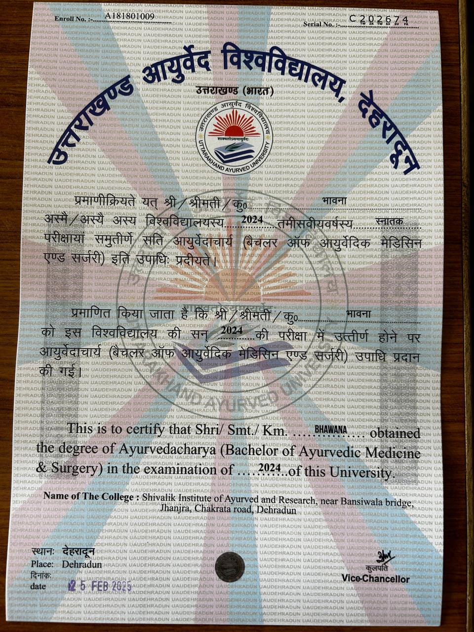 Ayurvedic doctor's certificate