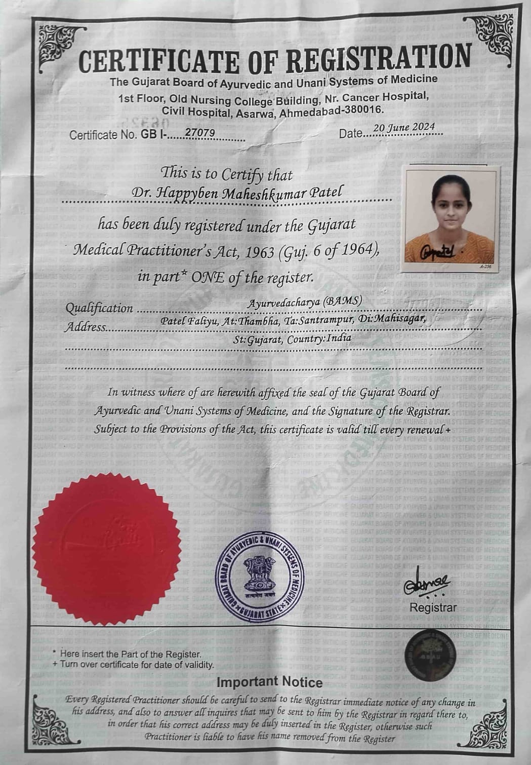 Ayurvedic doctor's certificate