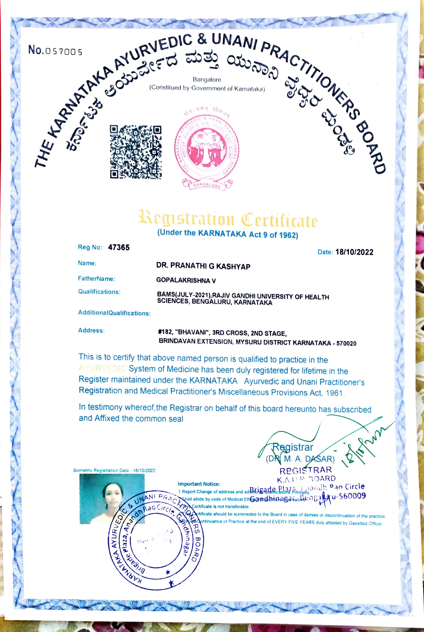 Ayurvedic doctor's certificate