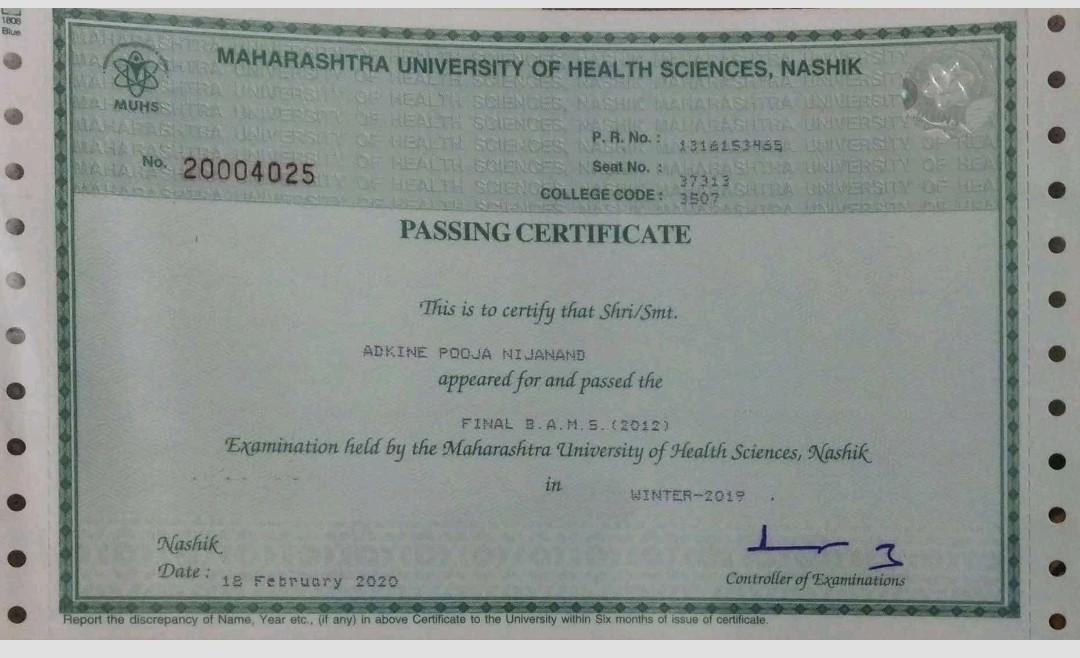 Ayurvedic doctor's certificate