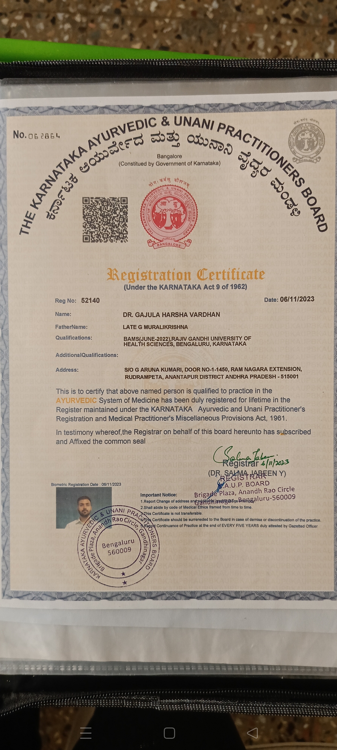 Ayurvedic doctor's certificate