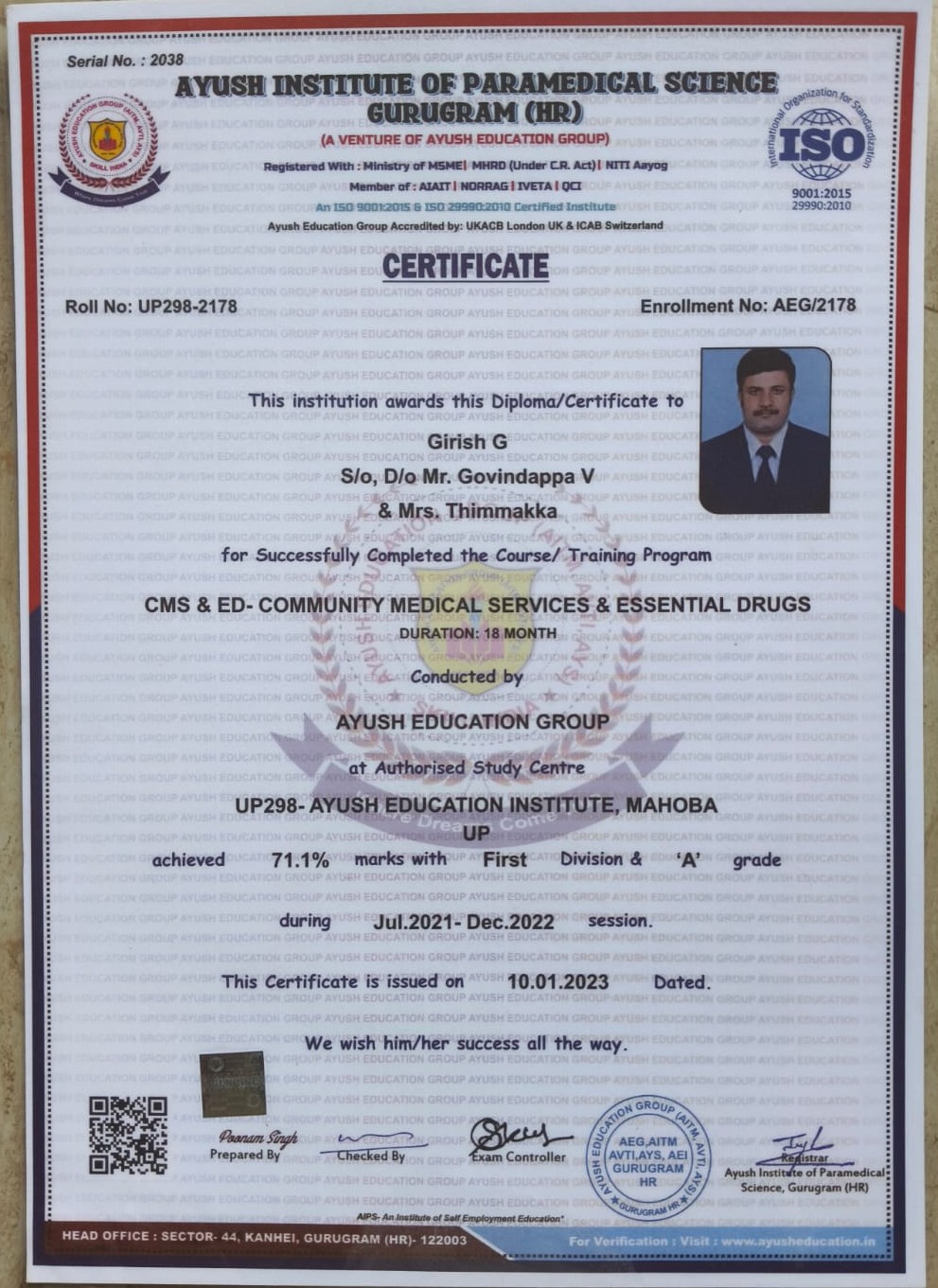 Ayurvedic doctor's certificate