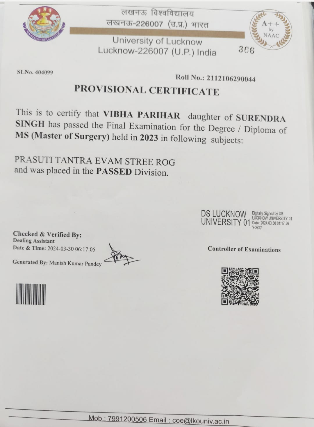 Ayurvedic doctor's certificate