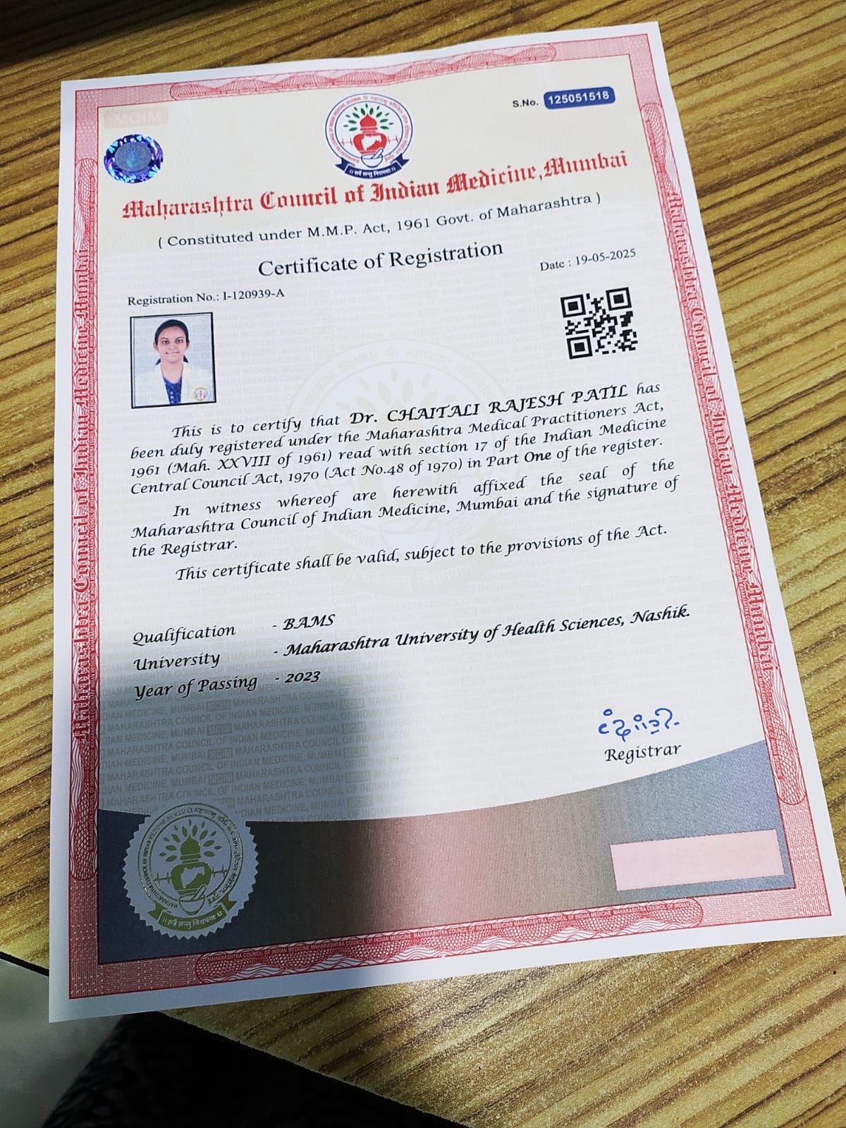 Ayurvedic doctor's certificate