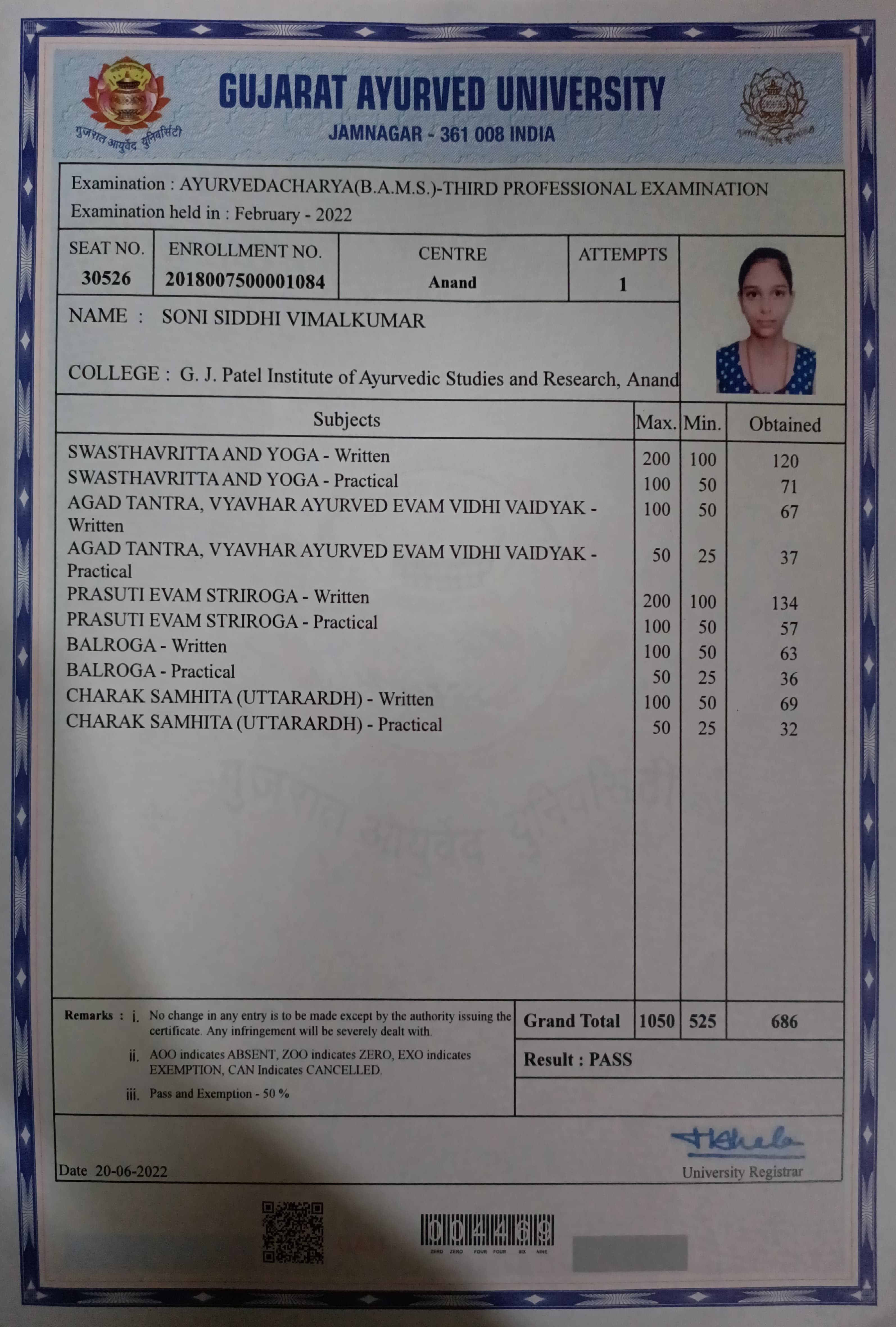 Ayurvedic doctor's certificate
