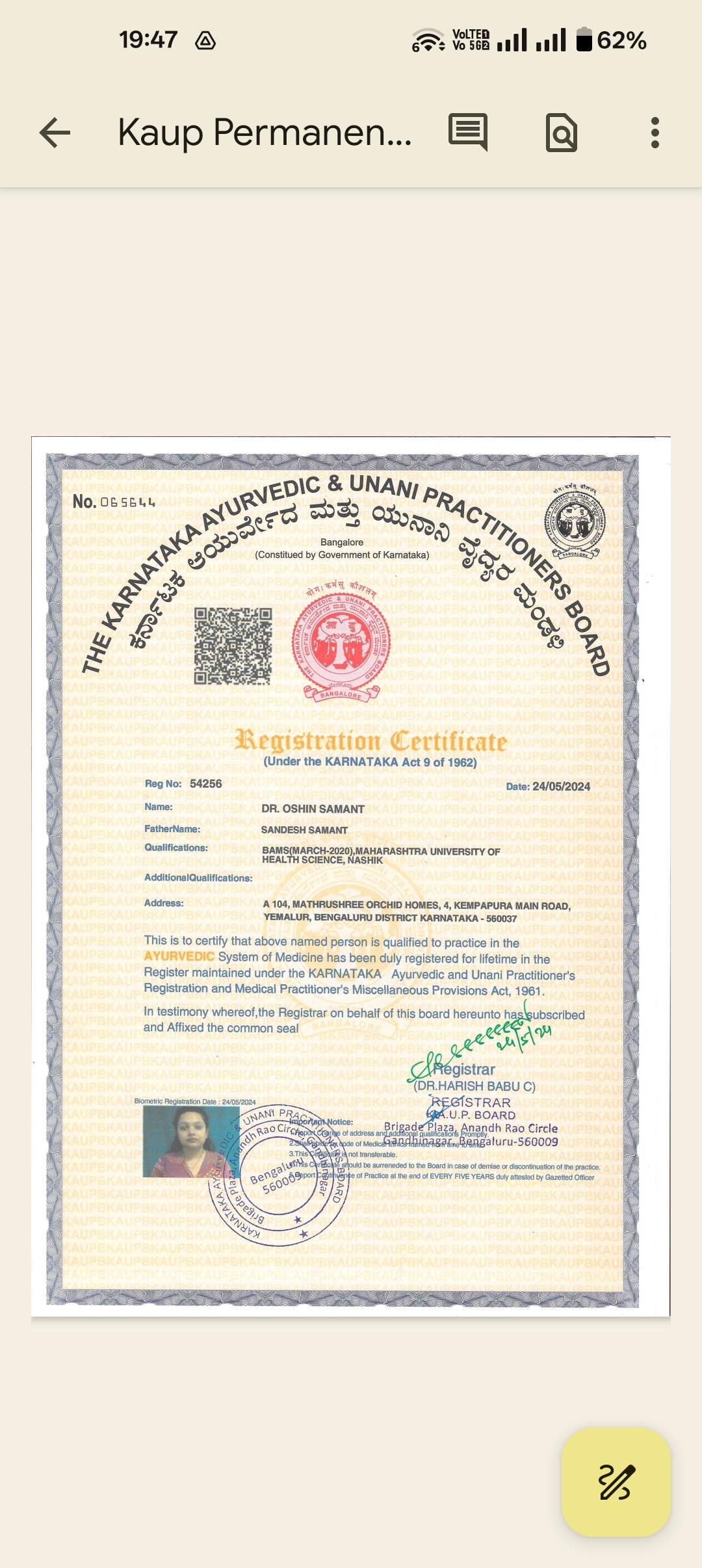 Ayurvedic doctor's certificate