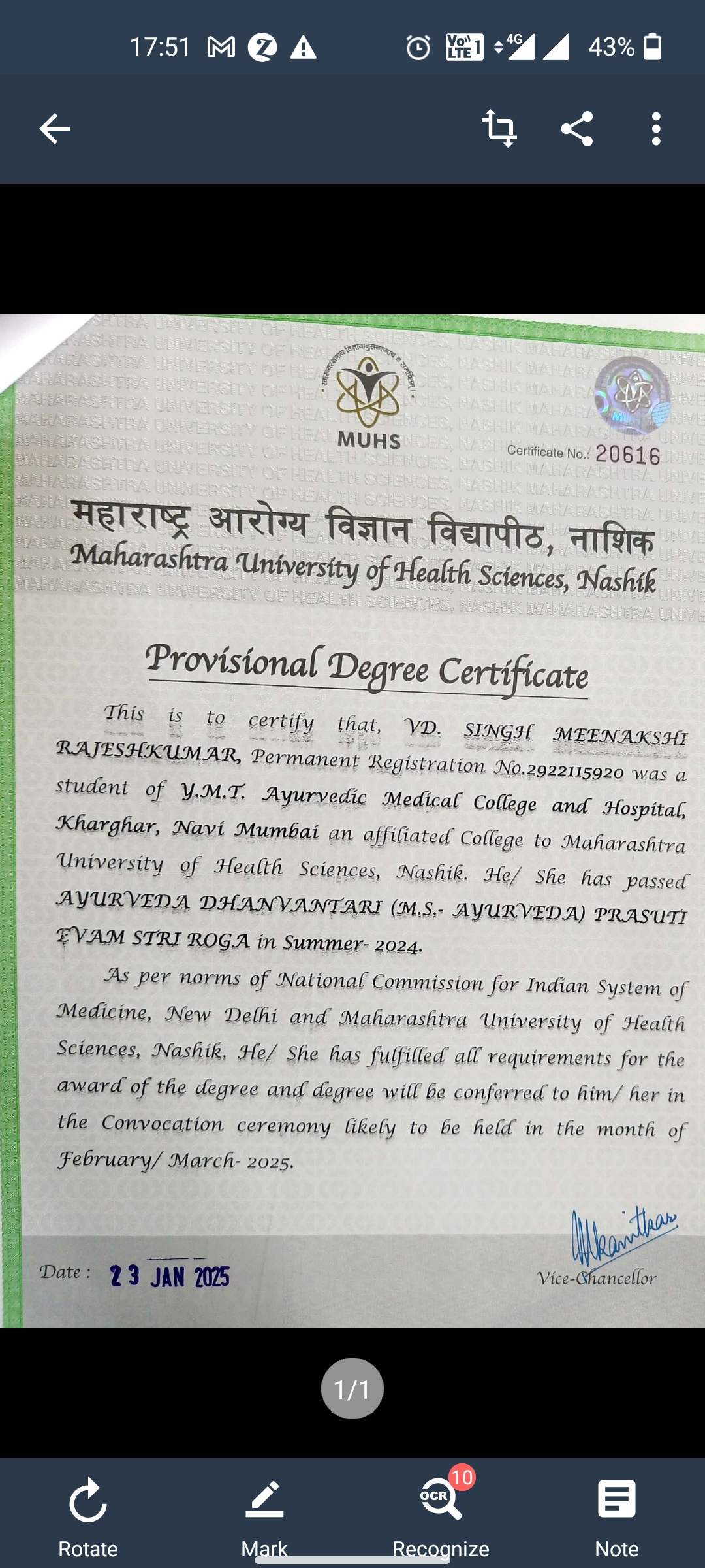 Ayurvedic doctor's certificate