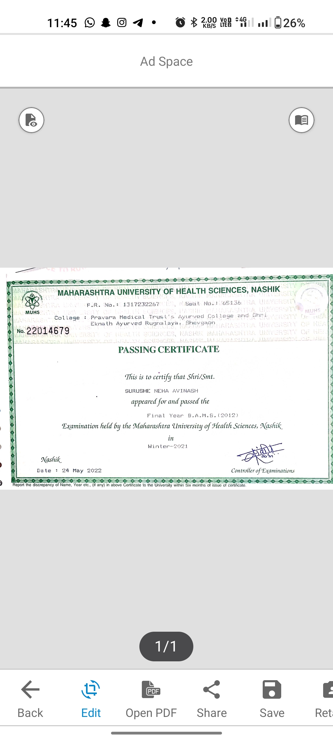 Ayurvedic doctor's certificate