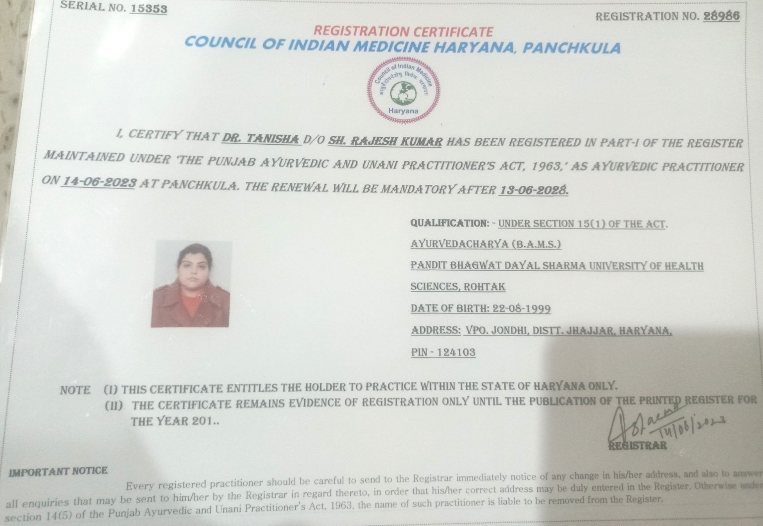 Ayurvedic doctor's certificate