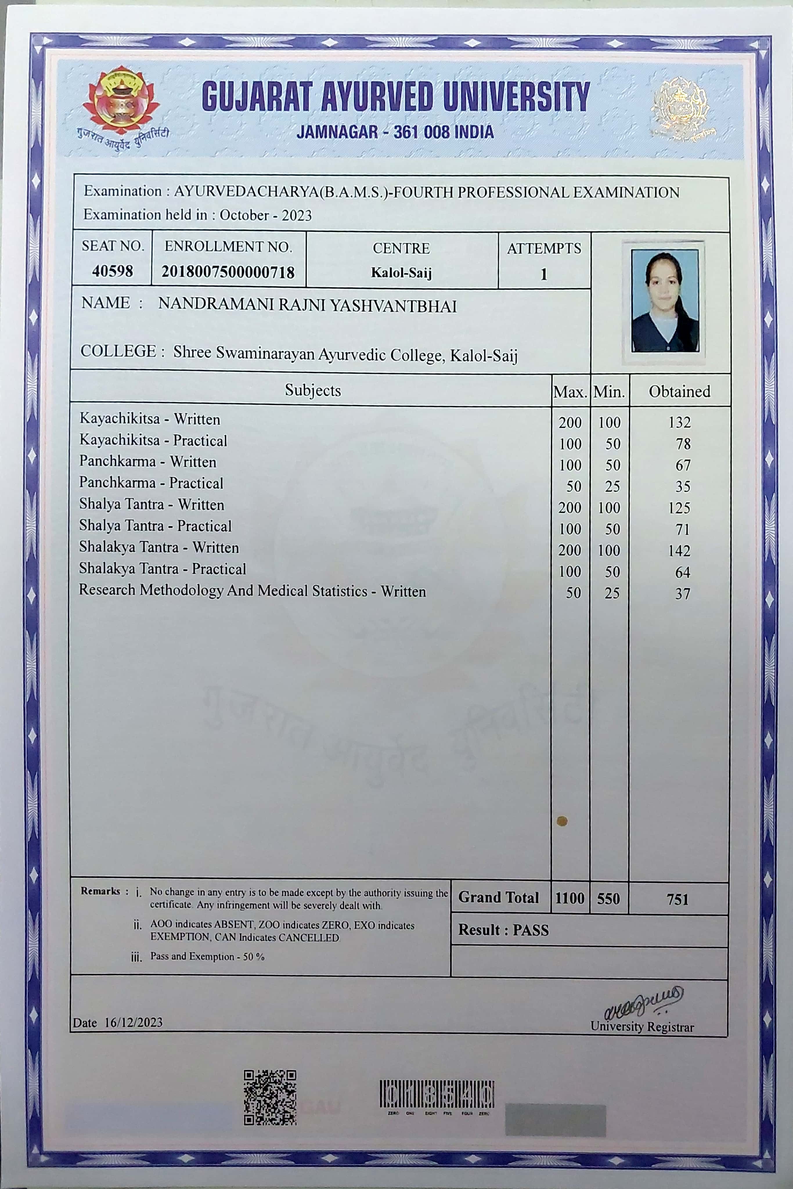 Ayurvedic doctor's certificate