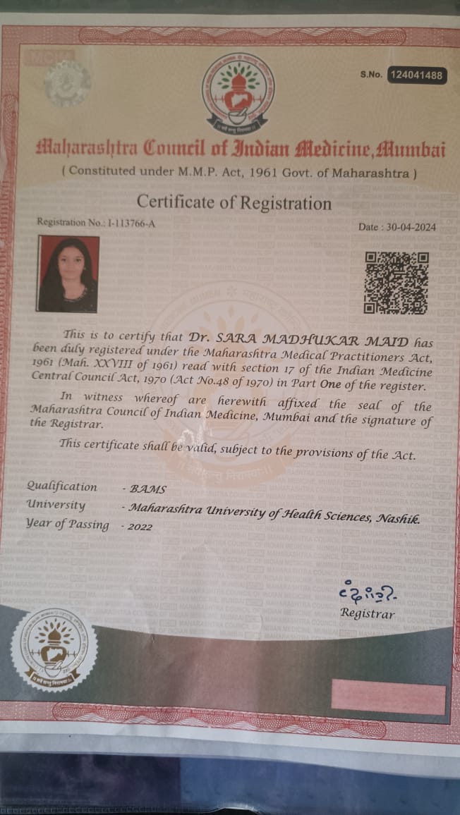 Ayurvedic doctor's certificate